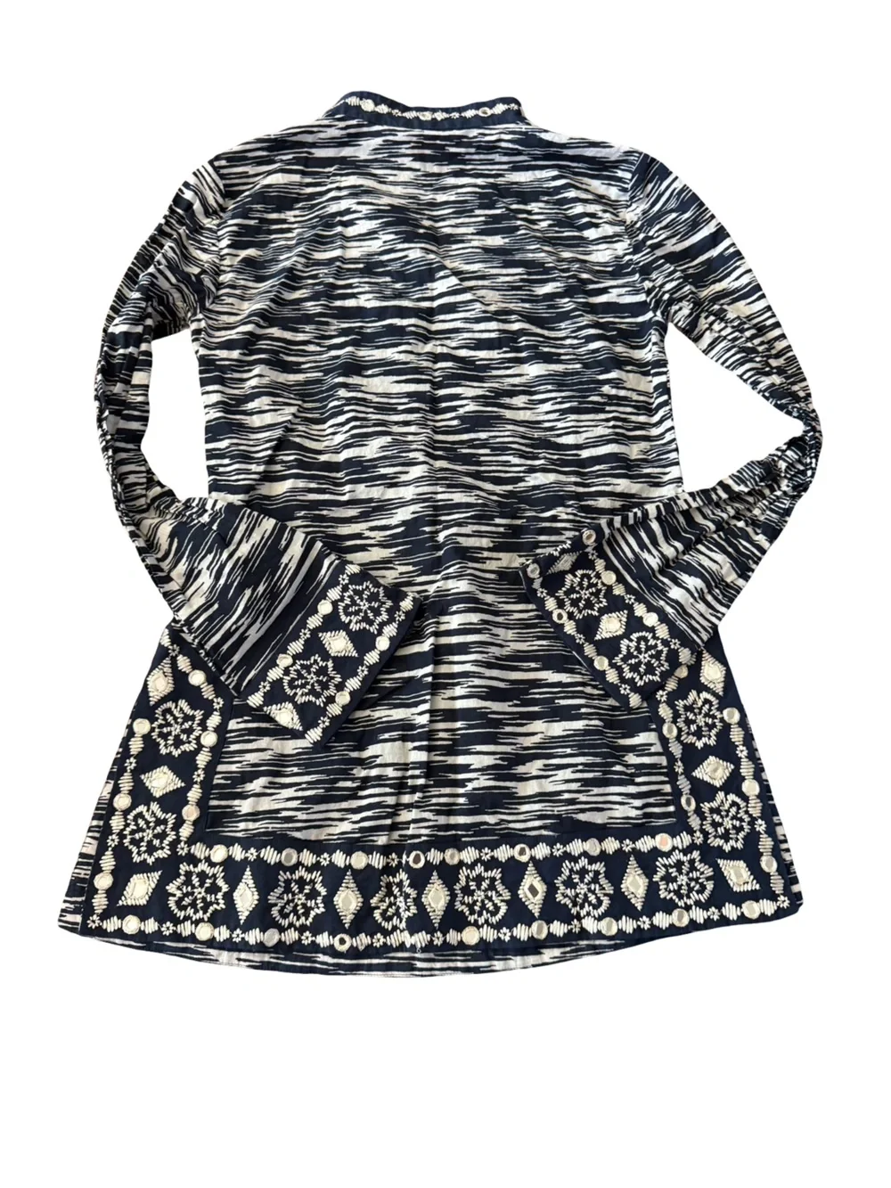 Tory Burch Navy Ikat Tunic Blouse Shisha Mirror Embellished Size 2 Space dye